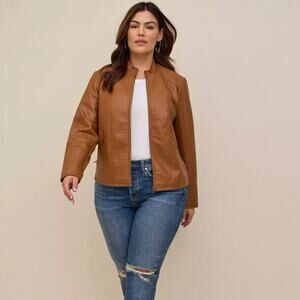 TORRID Faux Leather Collarless Moto Jacket Cognac Brown Sz 1X $110